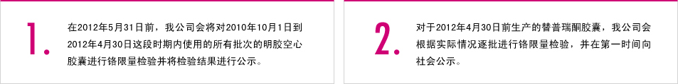 1.在2012年5月31日前，我公司會(huì)將對(duì)2010年10月1日到2012年4月30日這段時(shí)期內(nèi)使用的所有批次的明膠空心膠囊進(jìn)行鉻限量檢驗(yàn)并將檢驗(yàn)結(jié)果進(jìn)行公示。 2.對(duì)于2012年4月30日前生產(chǎn)的替普瑞酮膠囊，我公司會(huì)根據(jù)實(shí)際情況逐批進(jìn)行鉻限量檢驗(yàn)，并在第一時(shí)間向社會(huì)公示。